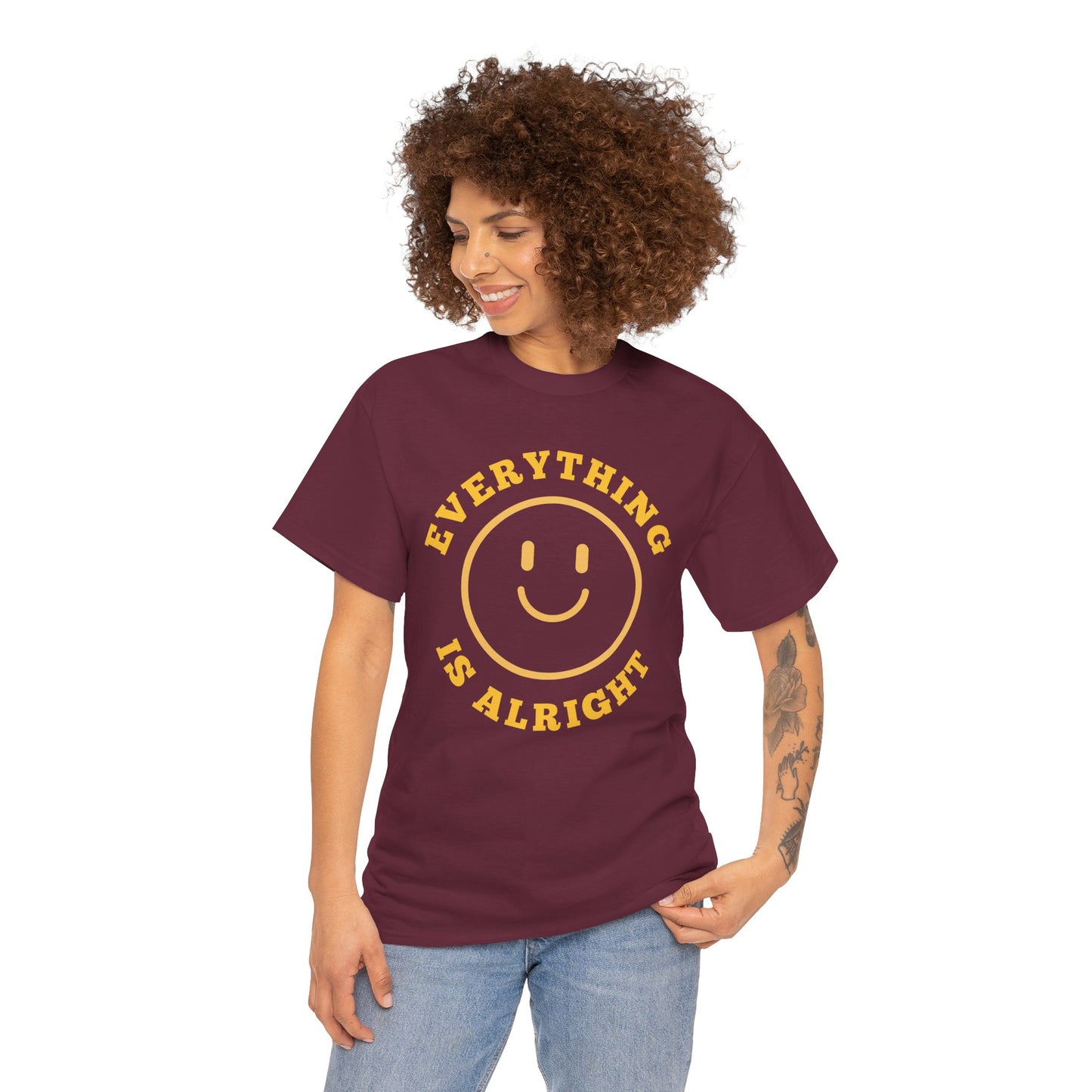Unisex Heavy Cotton Tee - "Everything is Alright" Smile Graphic, Positive Vibes Shirt, Casual Wear, Gift for Friends, Everyday Essentials