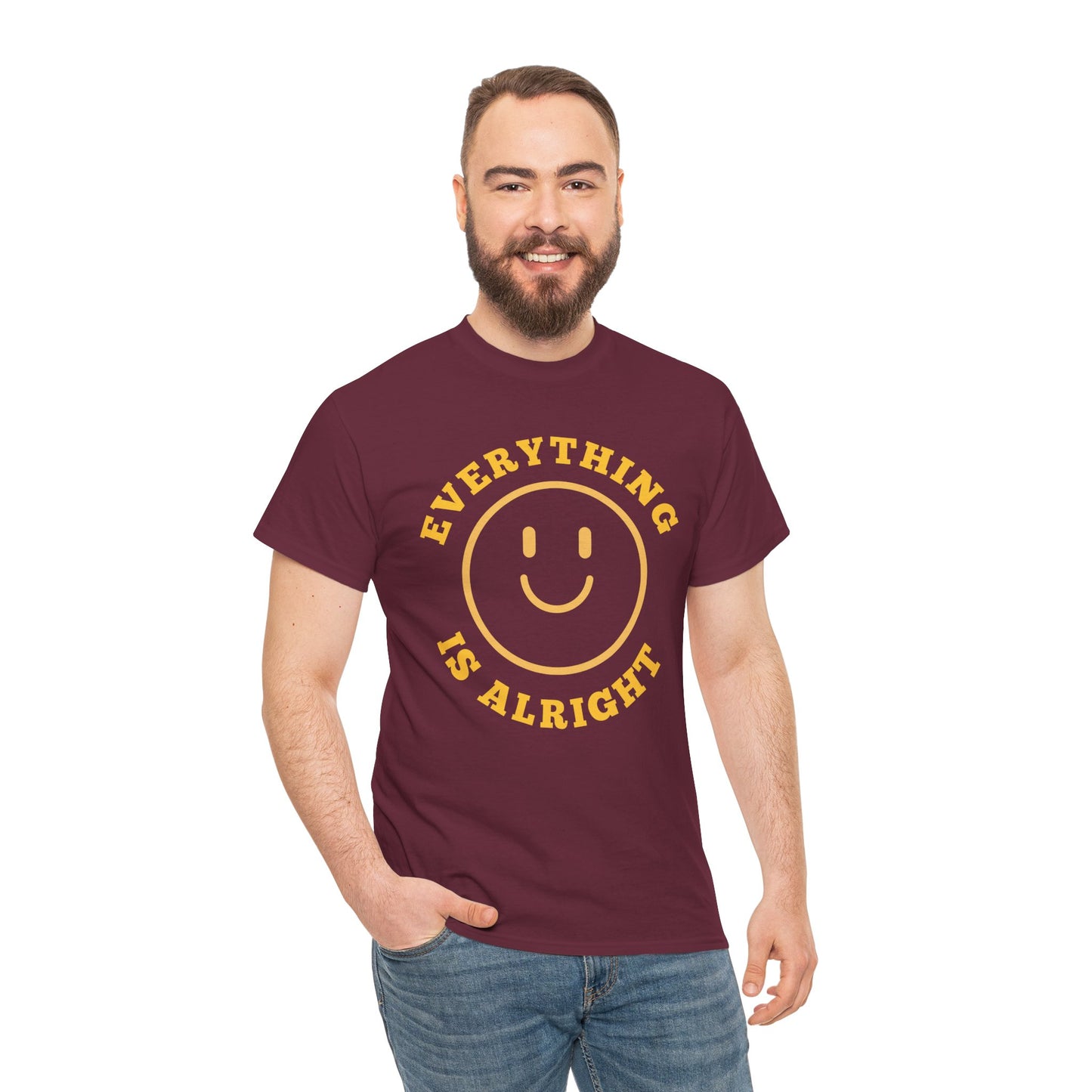 Unisex Heavy Cotton Tee - "Everything is Alright" Smile Graphic, Positive Vibes Shirt, Casual Wear, Gift for Friends, Everyday Essentials